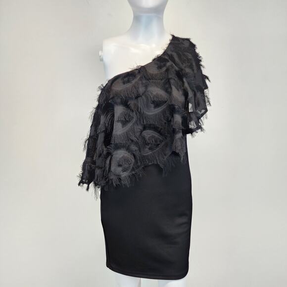 TCEC Asymmetric One Shoulder Black Dress Size S Fringe Evening New Years Party - Picture 2 of 16